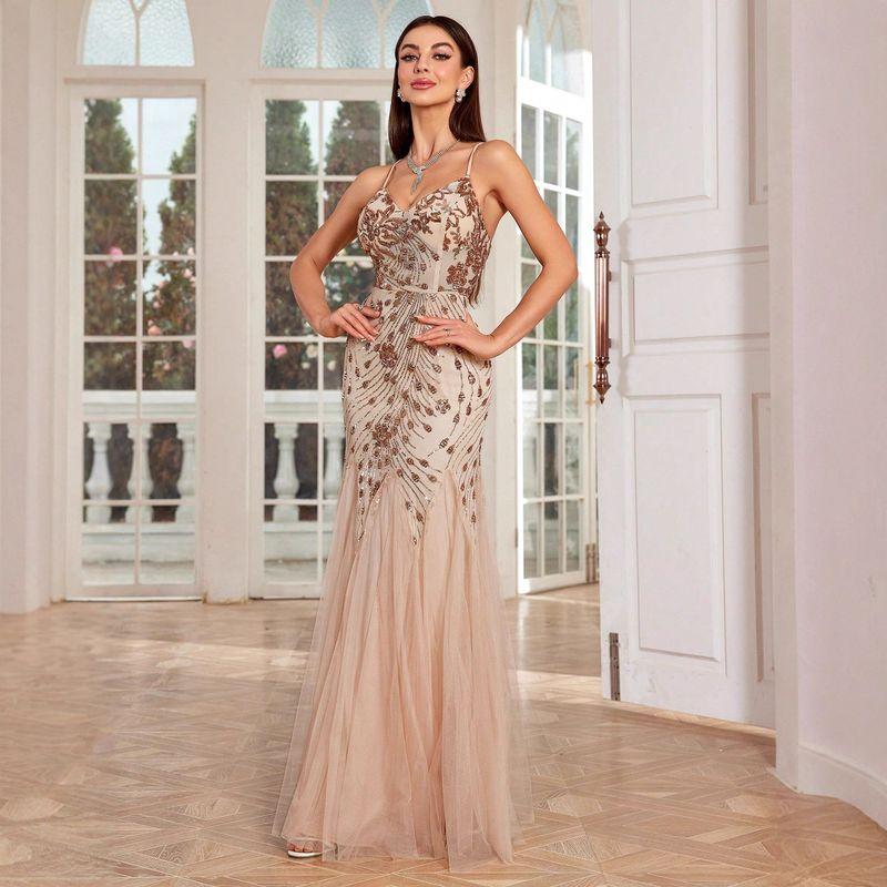 Plus size Wedding Wedding Birthday Banquet Graduation Evening dress Sequined Dress plus Size Evening Dress Champagne Color-Al31165 S