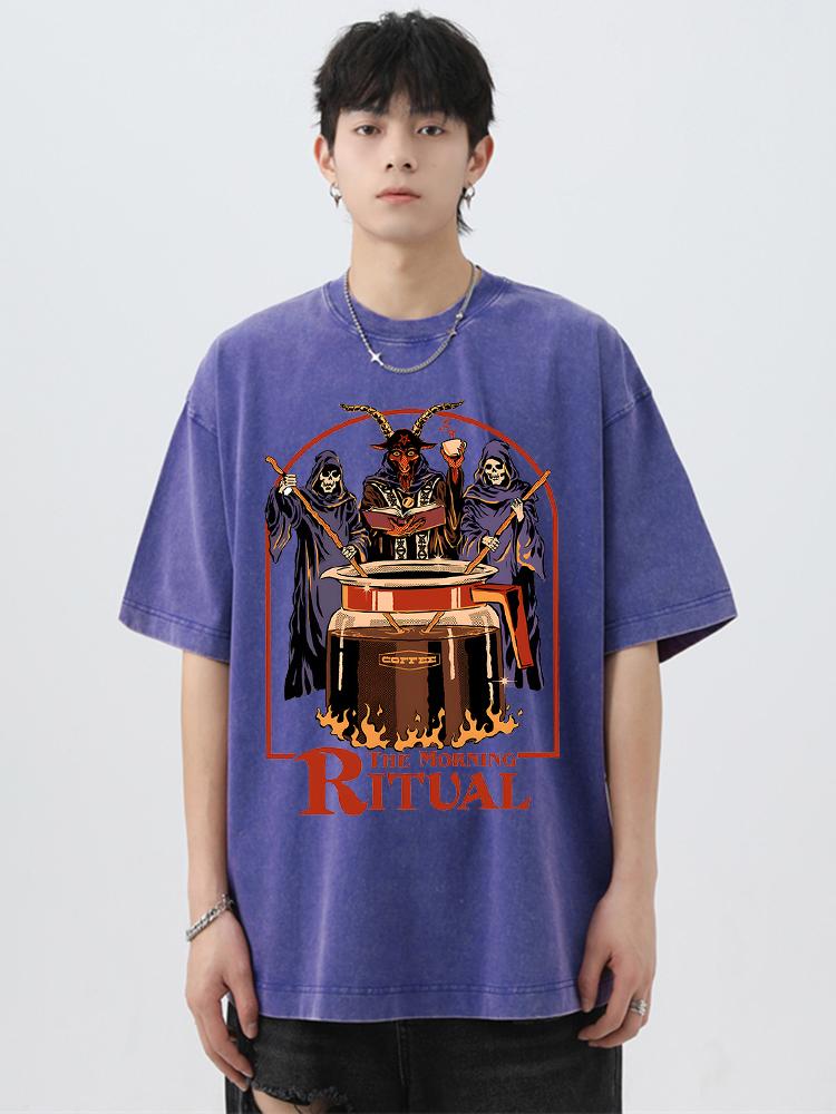 The Morning Ritual Coffee Funny Washed Retro Men T Shirts Summer Cotton T-Shirts Breathable Loose Clothes