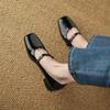 New Women's Leather Shoes Low-heeled Casual Flats Women's Rubber Soft-soled Black Women's Single Shoes Square Head Patent Leather Square Heel