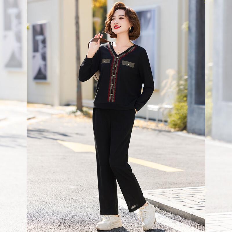 Elegant V-Neck Knitted Sweater & Pants Set for Mid-Aged Women