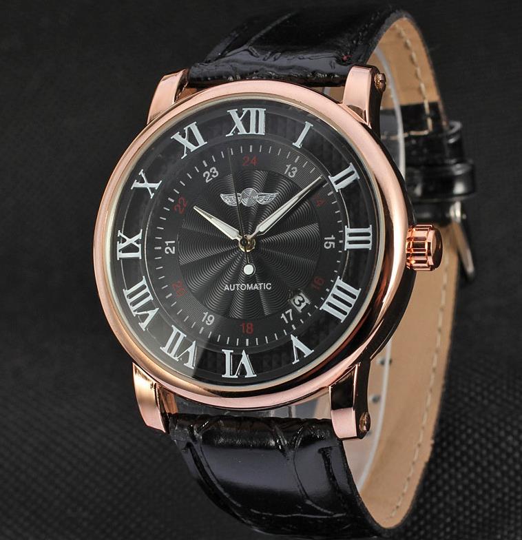 Relogio Relojes New Fashion Rose Gold Watches Day Date Automatic Self Wind Leather Strap Men's Watches Mechanical Watches