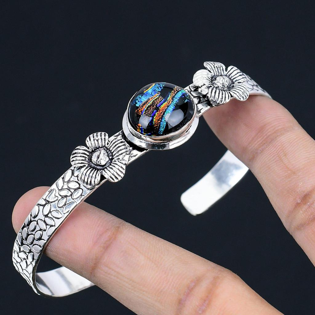 Sisters Day Deal American Dichroic Glass Stone Sterling Silver Flower New Bangle