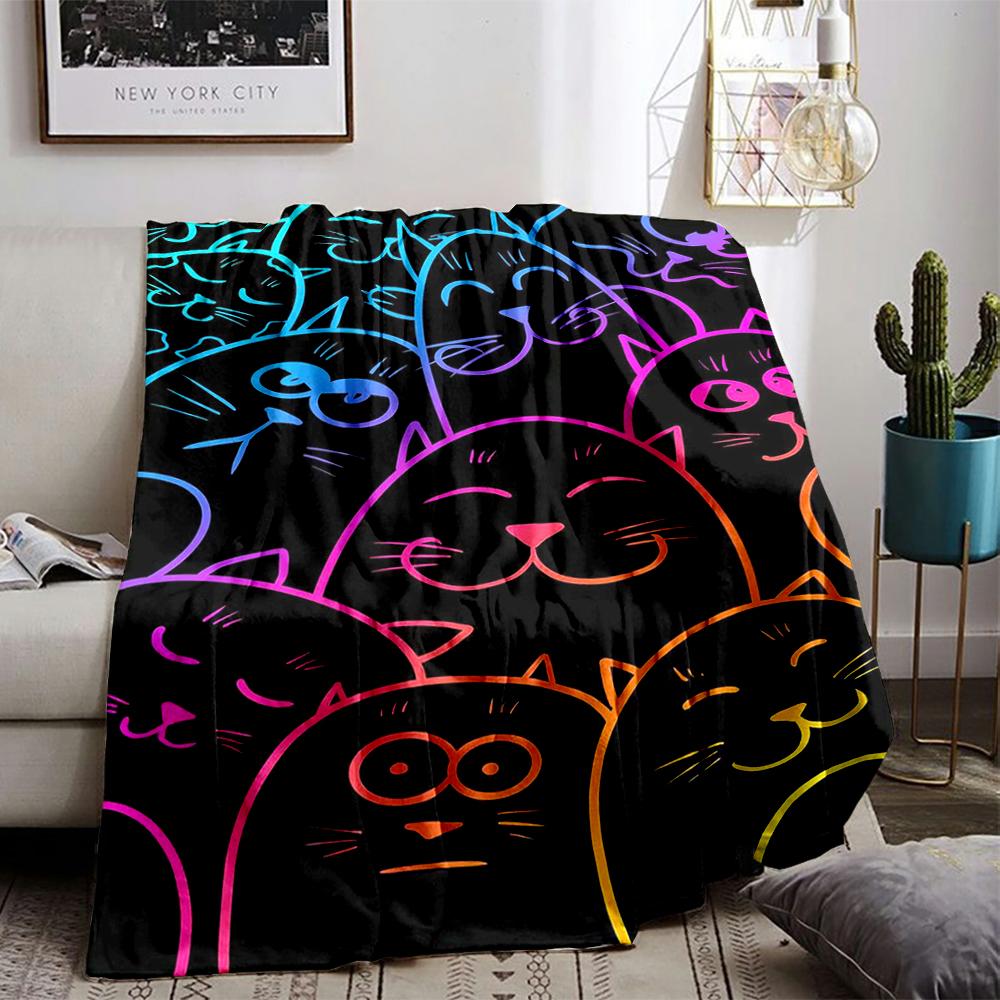 Vibrant Neon Cat Faces Pattern Flannel blanket for bedroom, living room, sofa, and nap