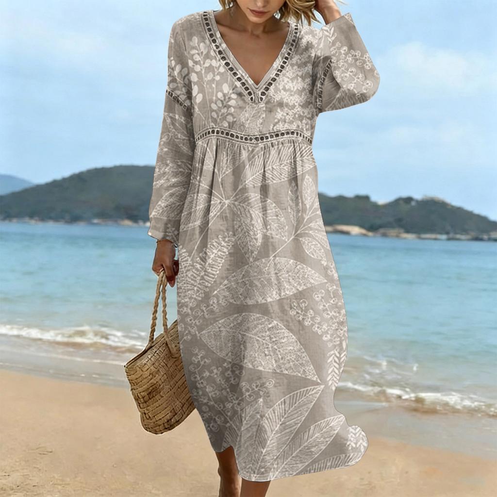 Fashionable Lady's V-neck Mid-length Casual Long-sleeved Dress
