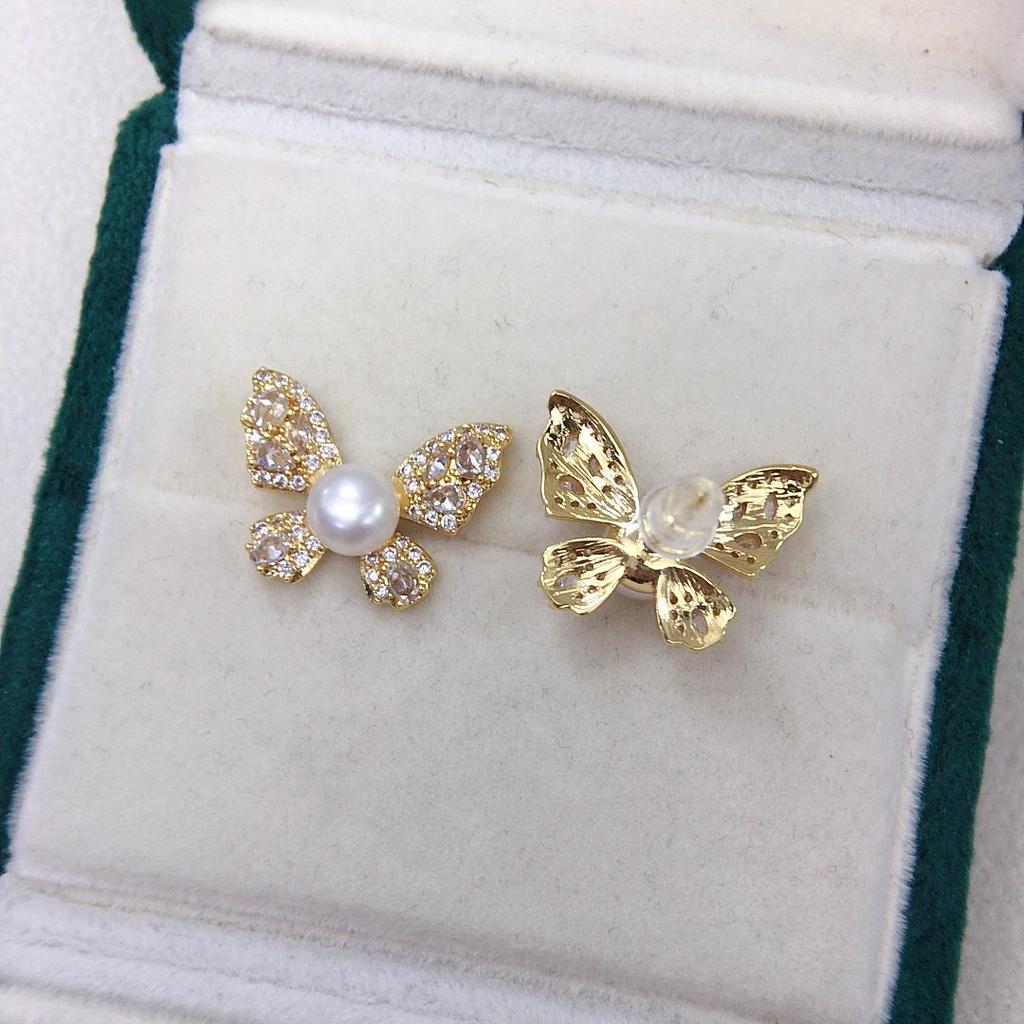 Zhuji Freshwater Pearl Stud Earrings – Women's Diamond Butterfly Design