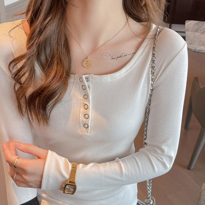 Ribbed Button Long Sleeve Base Layer Women Inner Wear Design Structured Shoulder T Shirt Premium Can Be Outer Wear Autumn Winter Top