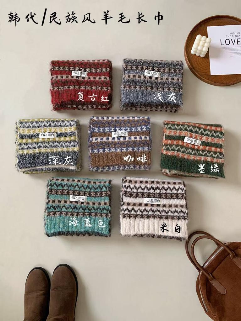 Korean Version of the New Fair Island Jacquard Knitted Scarf Women's Autumn and Winter Warm Student Couple Contrasting Color Atmosphere Scarf