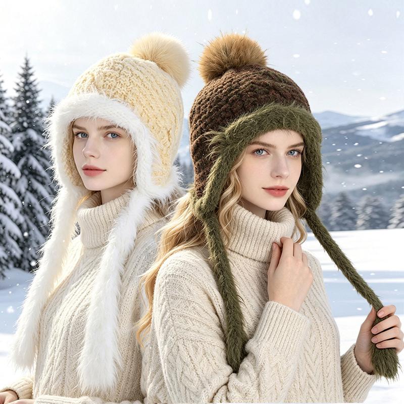 Fluffy Knit Trapper Hat Women Winter Warm Ear Flap Beanie with Pom Pom Soft Furry Ski Cap