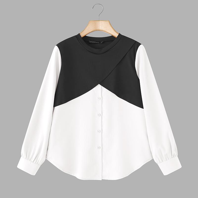 ZANZEA Women Casual Round Neck Long Sleeve Patchwork Blouse
