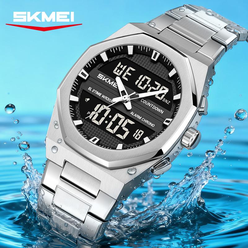 Skmei 2624 New Design Custom Logo Men Digital Watch Stainless Steel Band EL Light Double Display in Stock Business Hand Watch
