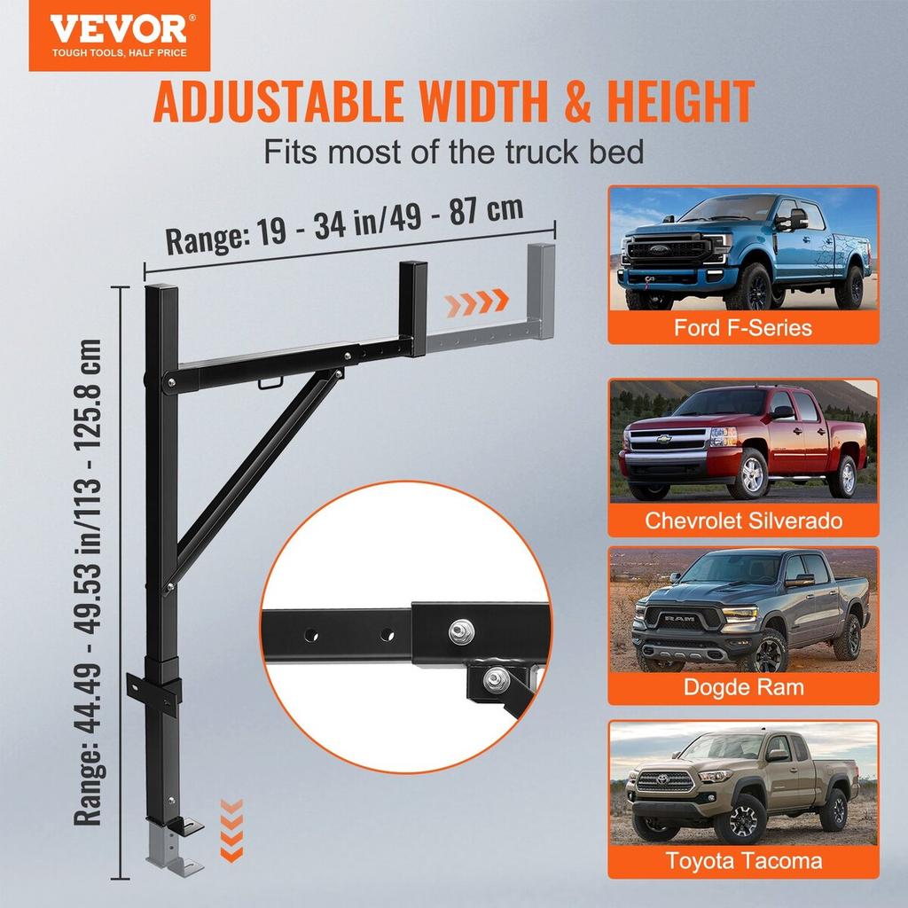 Truck Rack, 19-34inch Extendable Truck Ladder Rack, 38.6"-43.6" Adjustable Height, 250 lbs Capacity Steel Ladder Rack for Truck, Heavy Duty Truck Bed