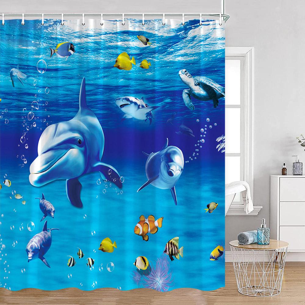Ocean Animals Shower Curtains Undersea Tropical Fish Dolphins Coral Under Sea Home Decorations Summer Bath Curtains With Hooks