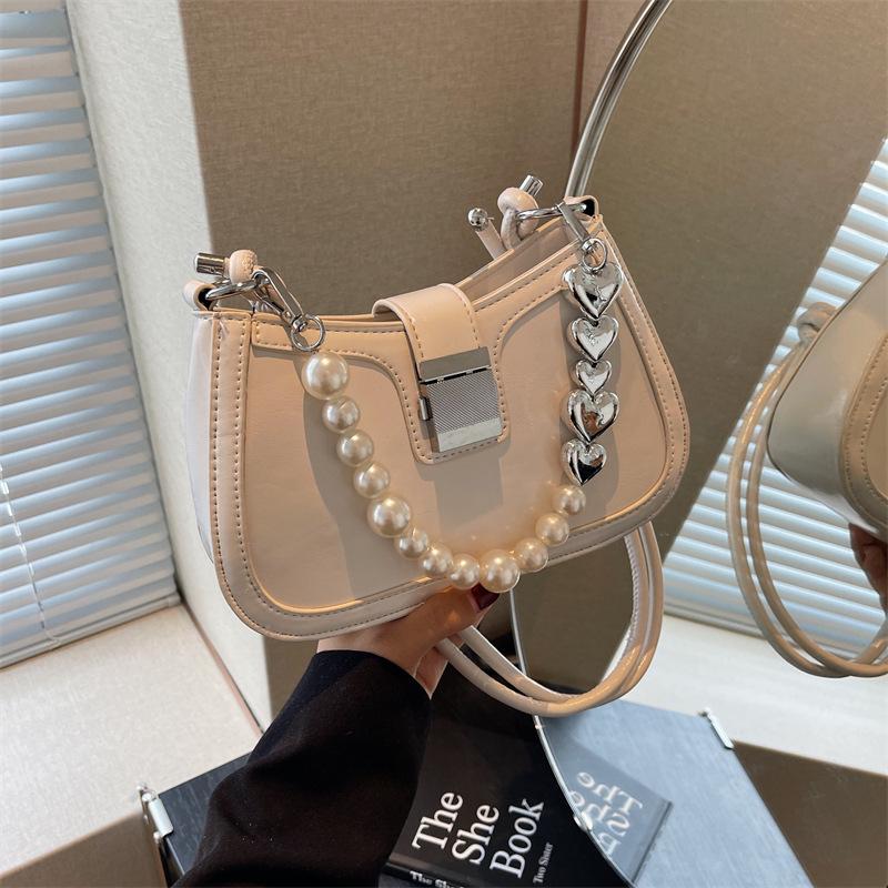 Retro Rote Perlenbesetzte Kleine Tasche für Damen Neue Einfache Einzelne Schulter Unterarmtaschen Mode Hochzeit Handtasche Pendler Umhängetasche