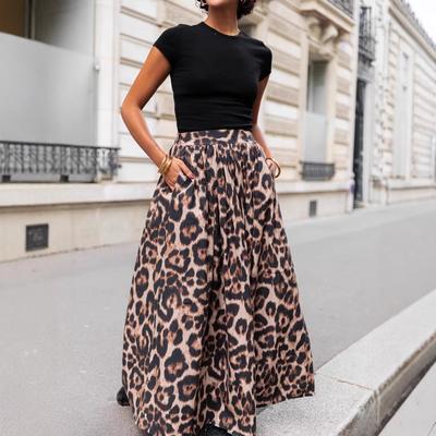 Damen Frühling Hohe Taille Strand Urlaub Böhmischer Stil Leopardendruck Großer Saum Rock