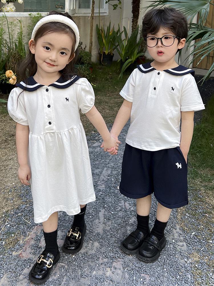 Summer Boys' Sailor Collar & Girls' Academy Style Dress Set - Children's Trendy Sibling Outfits.