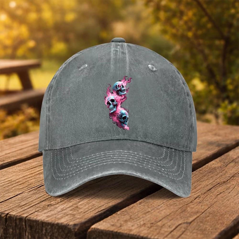 Pink Flame Skull Print Washed Baseball Cap Adjustable Distressed Cotton Outdoor Sports Hat