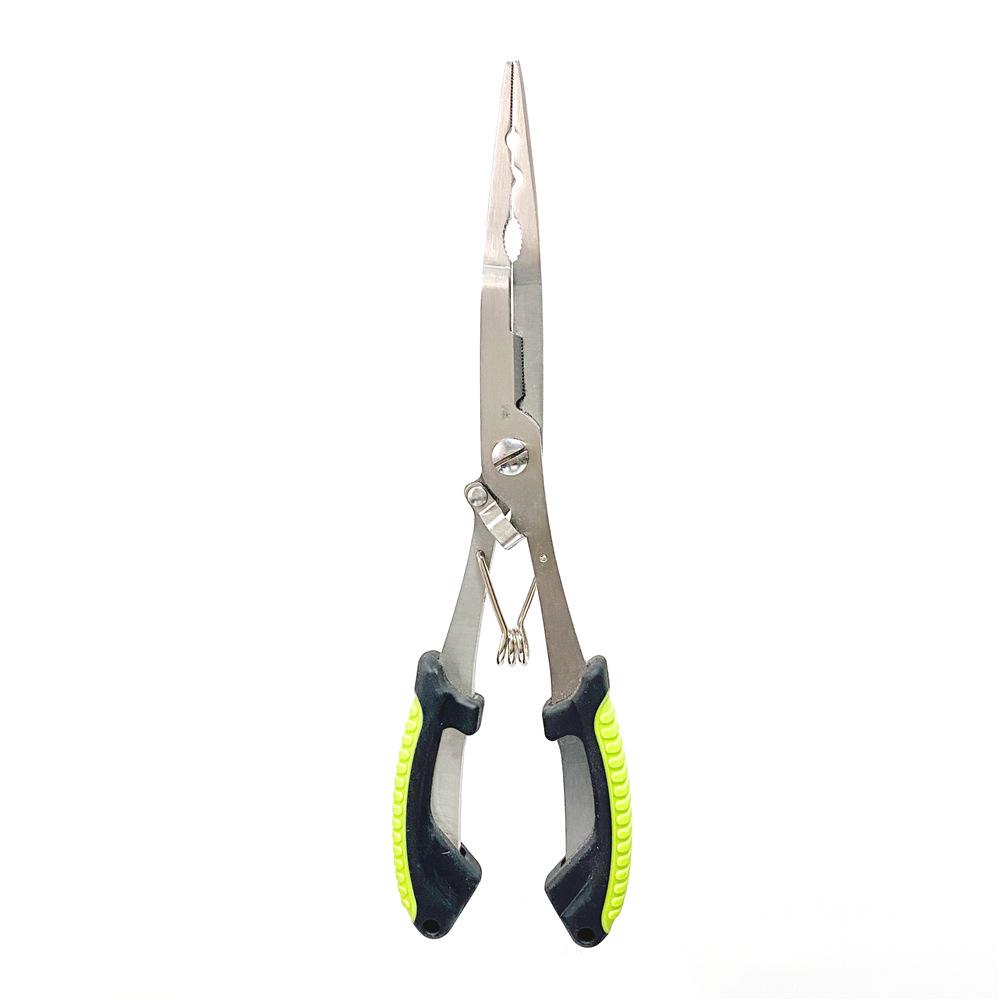 Long Nose Multifunctional Fishing Pliers: Lure, Fish Mouth Clamp, Hammer, Line Cutter, and Hook Control Tool.