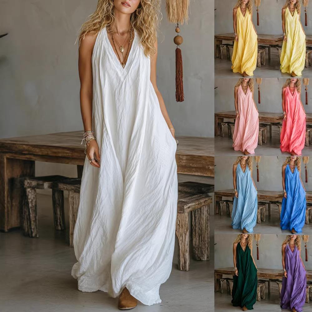 Women's V Neck Sleeveless Solid Color Loose Fit High Waist Casual Maxi Dress Sundress