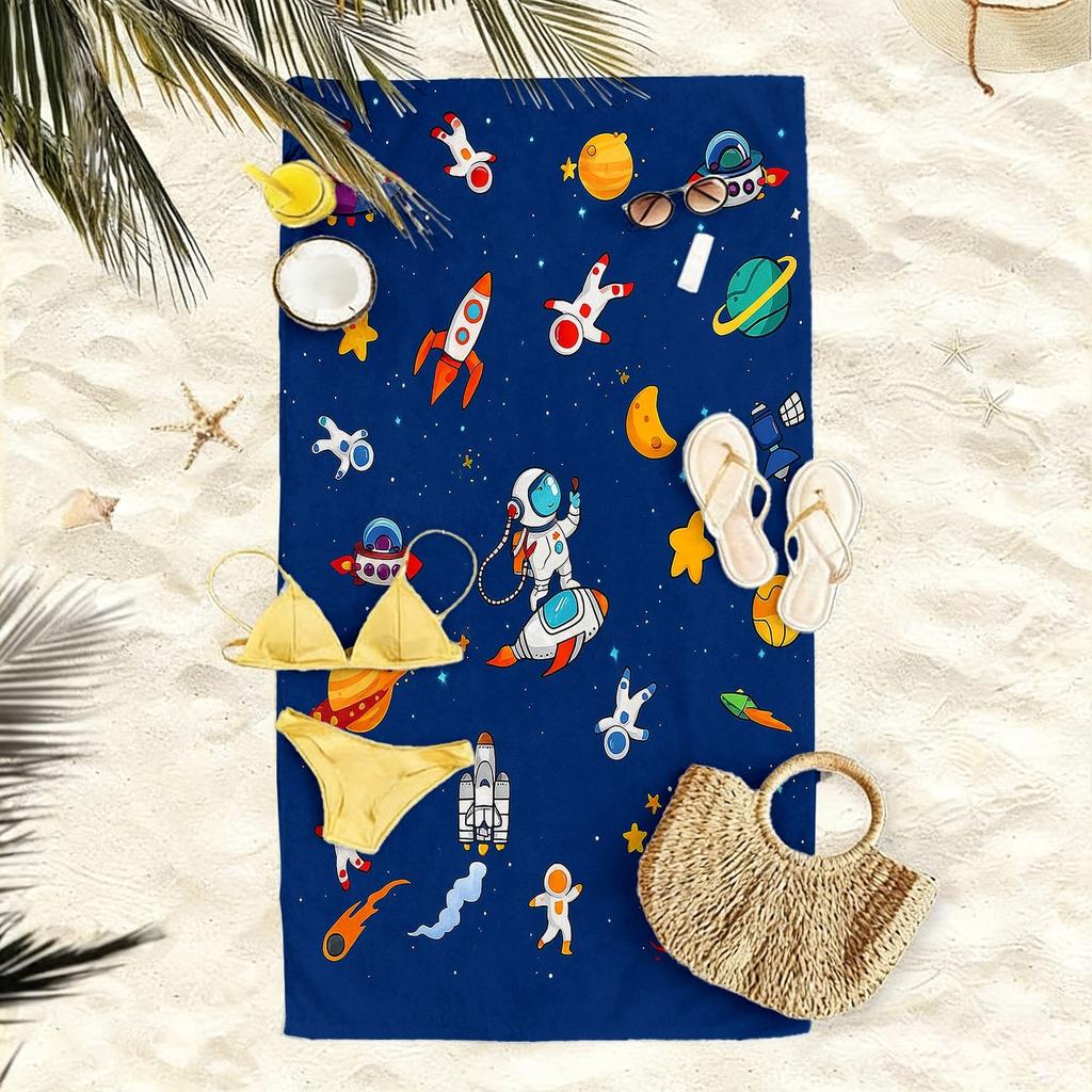 1pc Cartoon Space Theme Ultra-Soft Beach Towel | Astronaut, Rocket, Planet Print, Microfiber, Quick-Dry, Super Absorbent