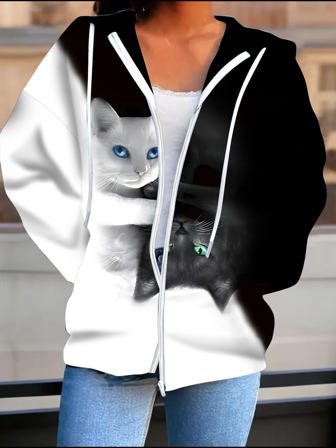 

Cat 3D Printed Hooded Cardigan Plus Size Autumn Winter Retro 1XL белый