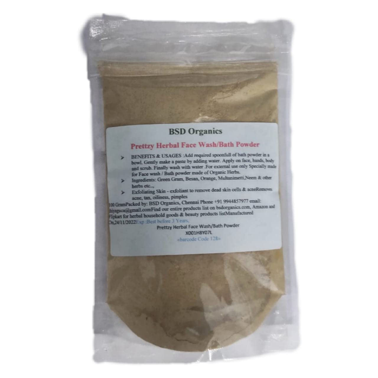 BSD Organics Prettzy Herbal face wash/bath powder scrub (100 gram)