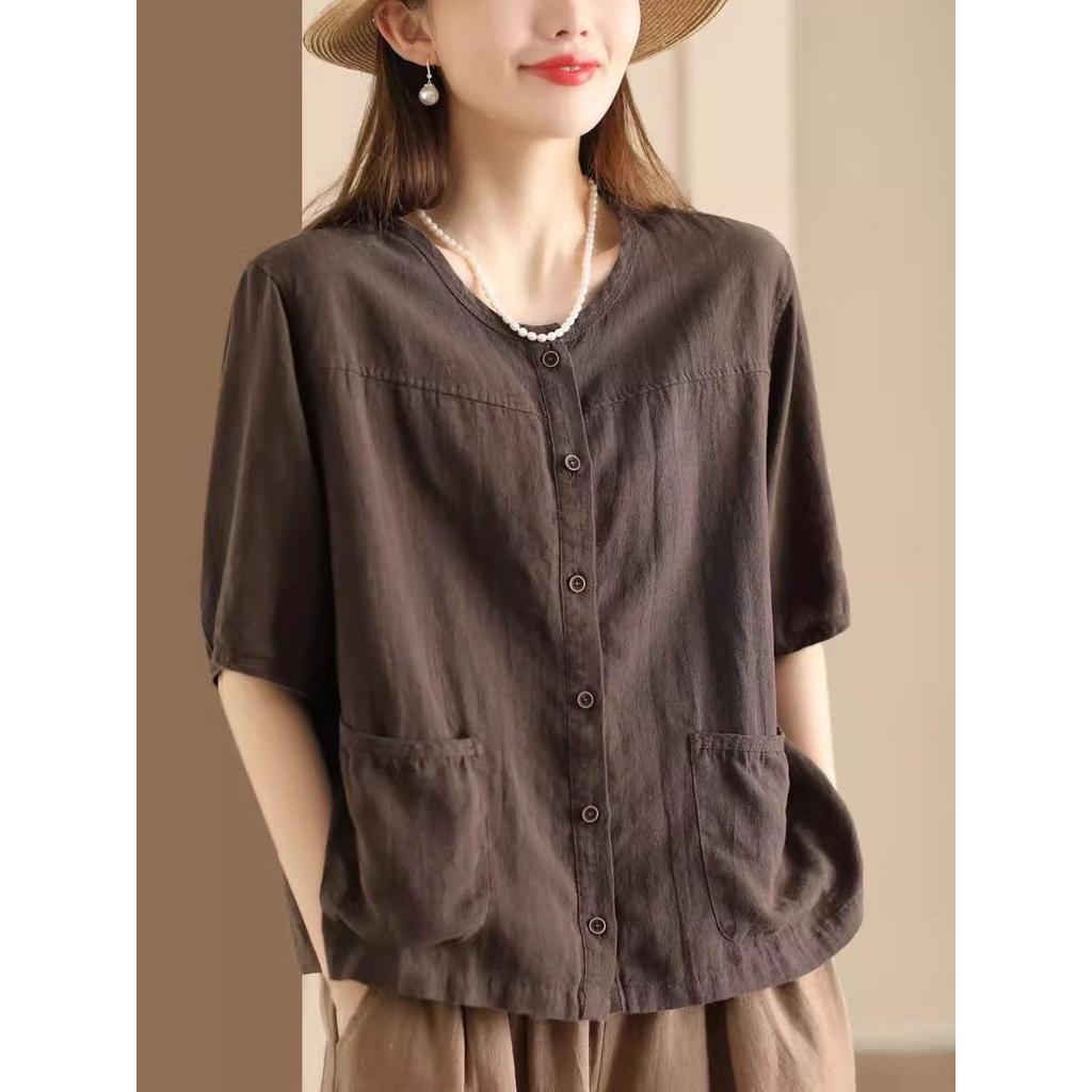 Vintage Artistic Cotton Linen Cardigan Summer Pocket Design Women's Casual Ethnic Style Short Sleeves Elegant