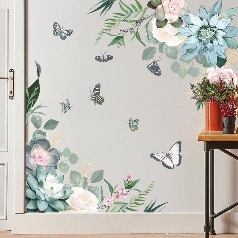 Green Wall Sticker Home Decor Living Room Wall Decals Flowers Tropical Leaf Wall Art Butterfly Decor Tropical Leaves Wallpaper