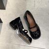 Vintage Mary Jane Single Shoes Pearl Round Head Small Leather Shoes with Thick Heels
