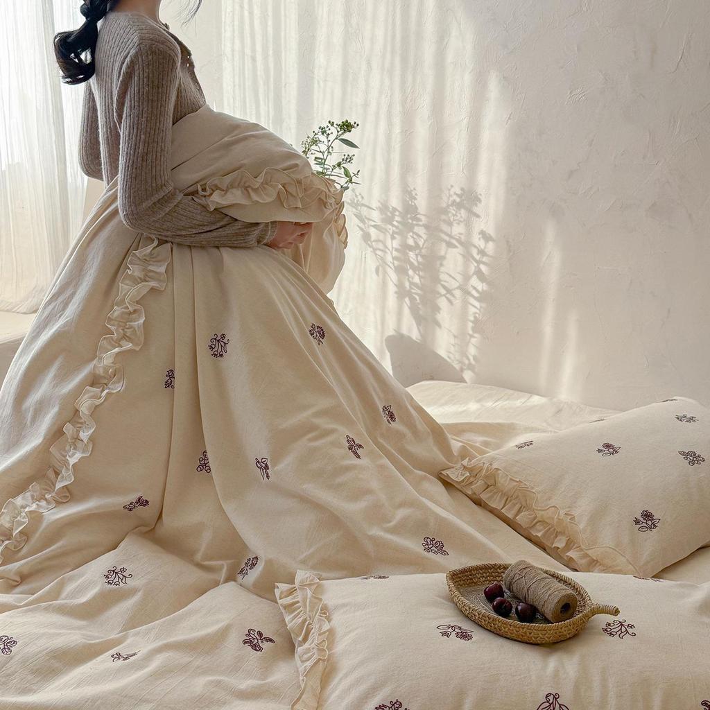 Spring/Summer Floral Embroidered Pure Cotton Linen 4-Piece Set - Soft, Skin-Friendly, 100% Cotton