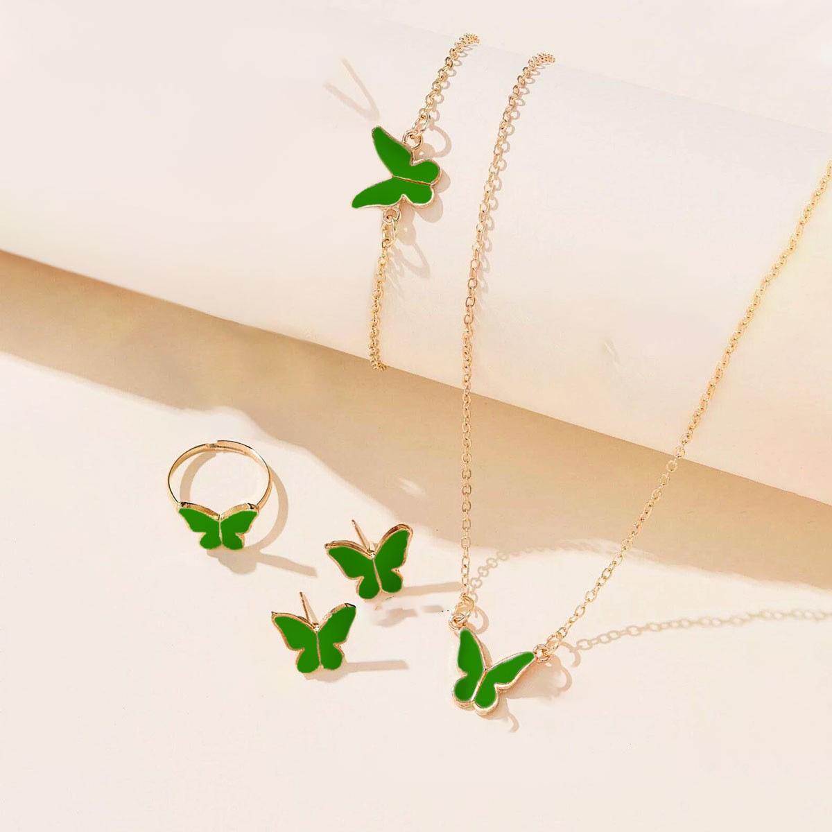 

4 шт. Наборы с цирконием в виде бабочек Розовый Белый Романтический Браслет Кольцо Ожерелье Серьги Набор Свадебный Ужин Платье Аксессуары для Женщин зелёный