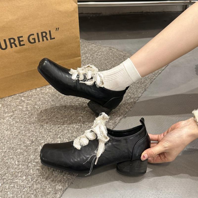 Fashion Women's Thick Heel Shoes Spring New Square Head Deep Mouth Front Lacing Anti-slip Wear-resistant Low-top Shoes