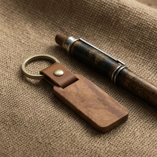 Keychain Pendant Polished Smooth Wood Key Ring with Faux Leather Wrap Lightweight Compact Design