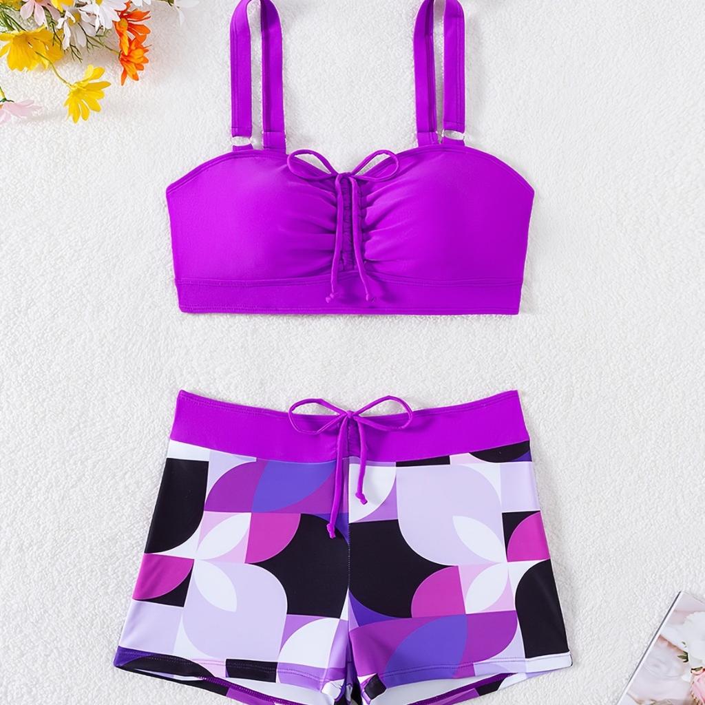 Bikini de Dos Piezas con Estampado de Bloques de Color de Moda con Cordón en el Pecho y la Cintura Moda Para Vacaciones
