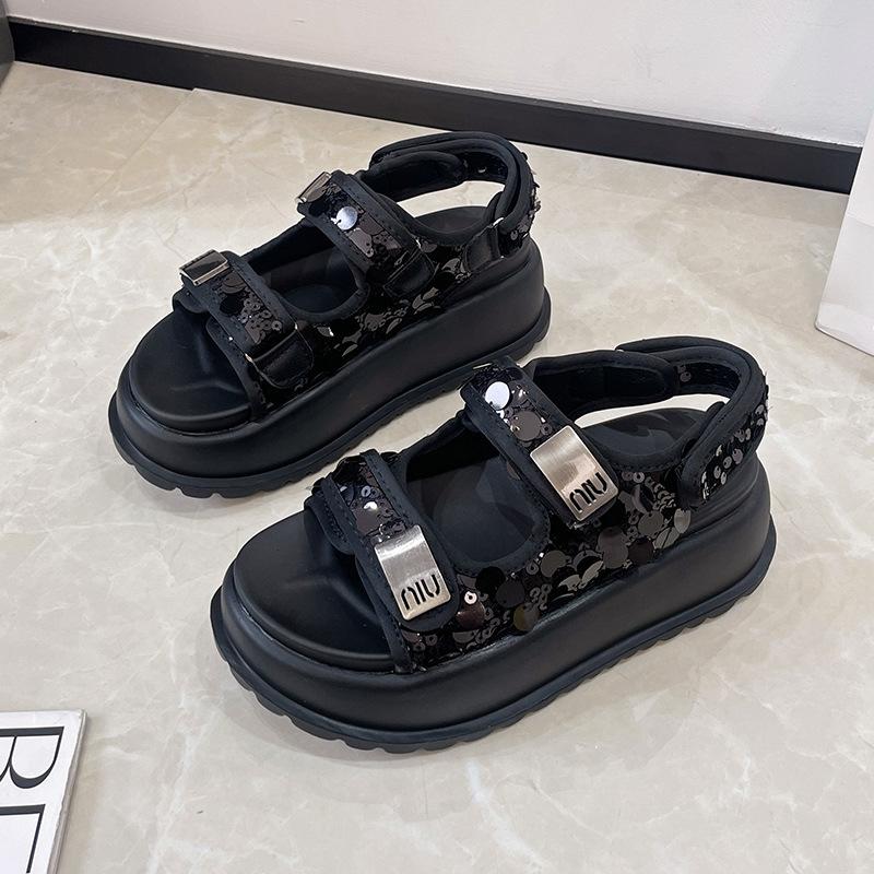 Sports Sandals Girl 2025 New Summer Fairy Wind Platform Muffin Shoes Velcro Sequins Seaside Beach Shoes