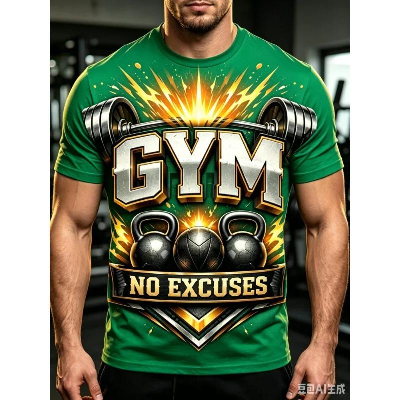 Fashion New Men's GYM No Excuses Barbell Kettlebell Explosion Print T-Shirt Fitness T Shirt Casual Streetwear Short SleeveTops