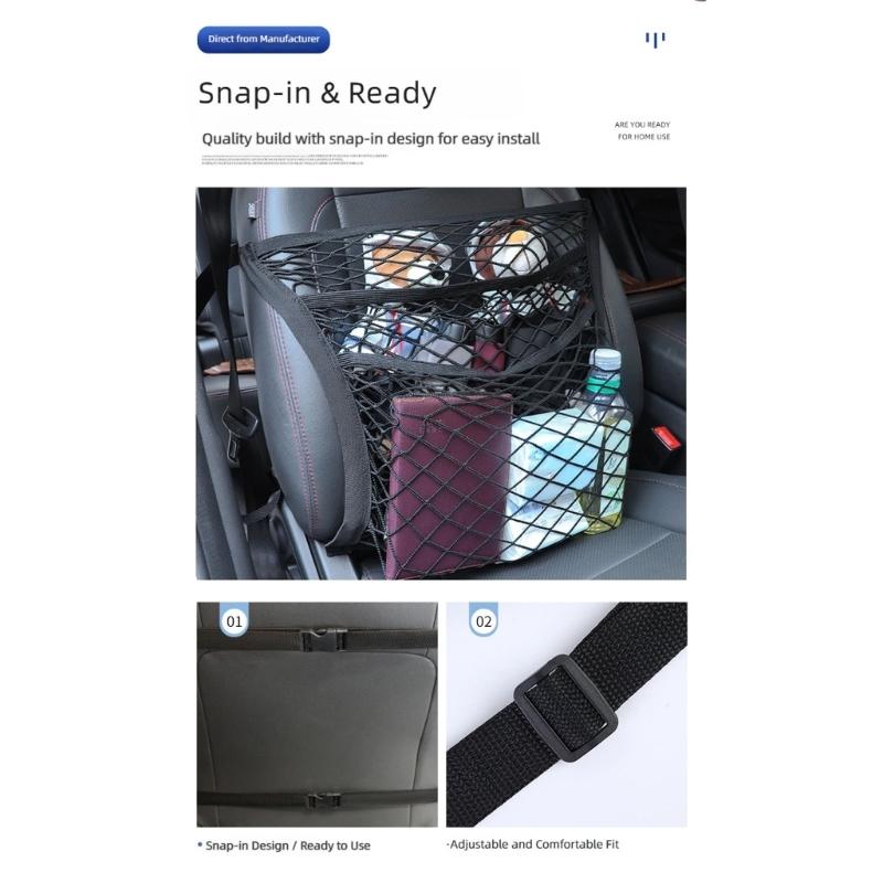 Vehicle Seat Back Storage Net, 3 Pocket Elastic Mesh Panel with Reinforced Edges and Seat Mount Belts for Cars
