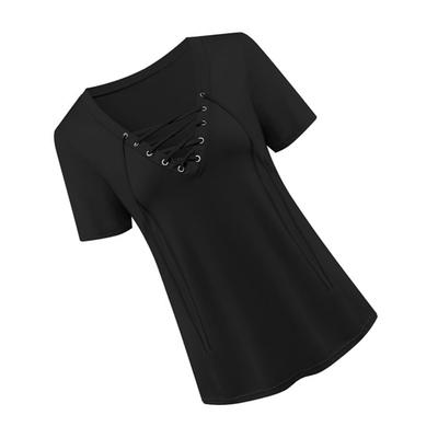 Women Drawstring V Neck Short Sleeve Solid Color Shirt
