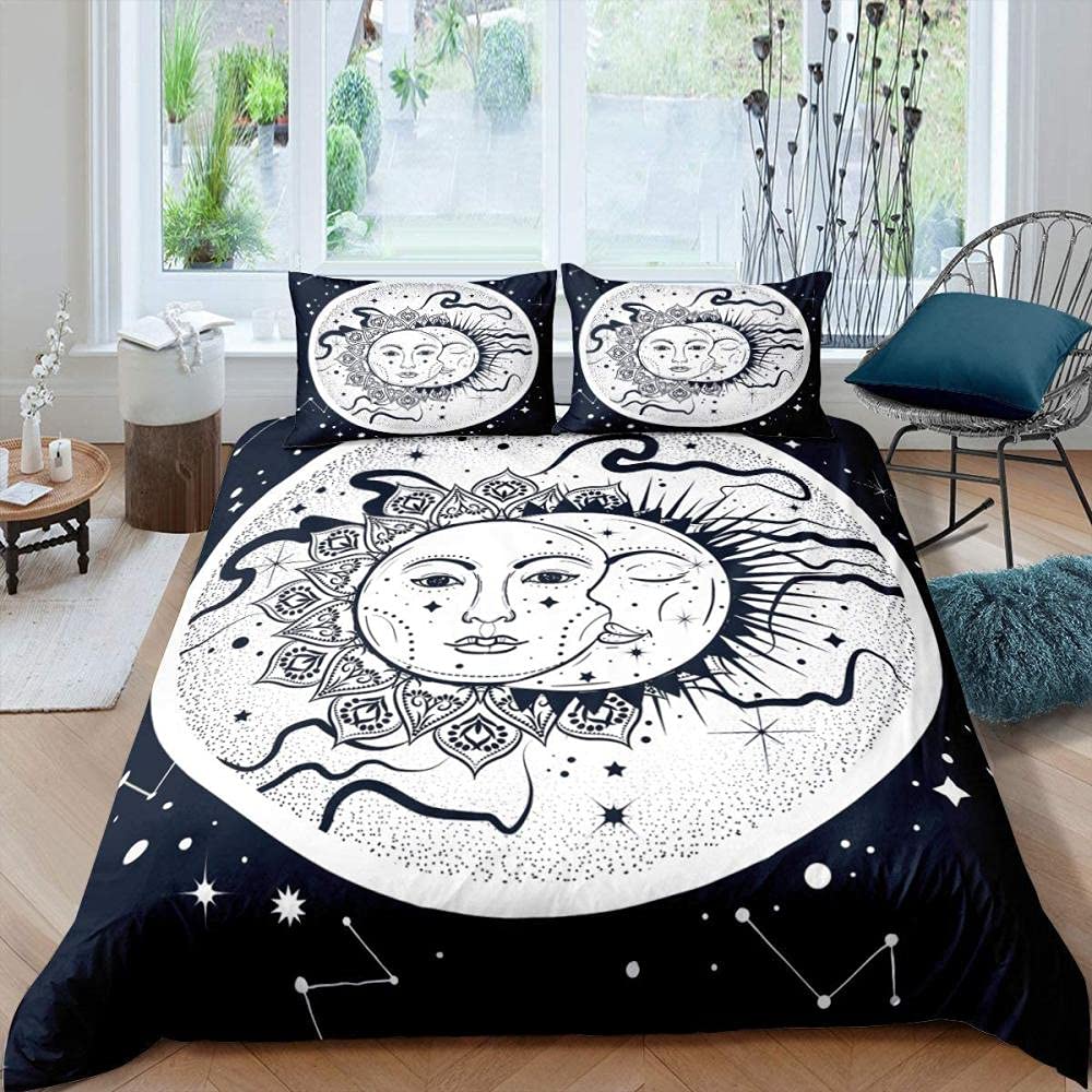 Comforter Sun Moon Queen Bohemian Black And White Print Yin Yang Comforter Galaxy Star Twin Bedding Set
