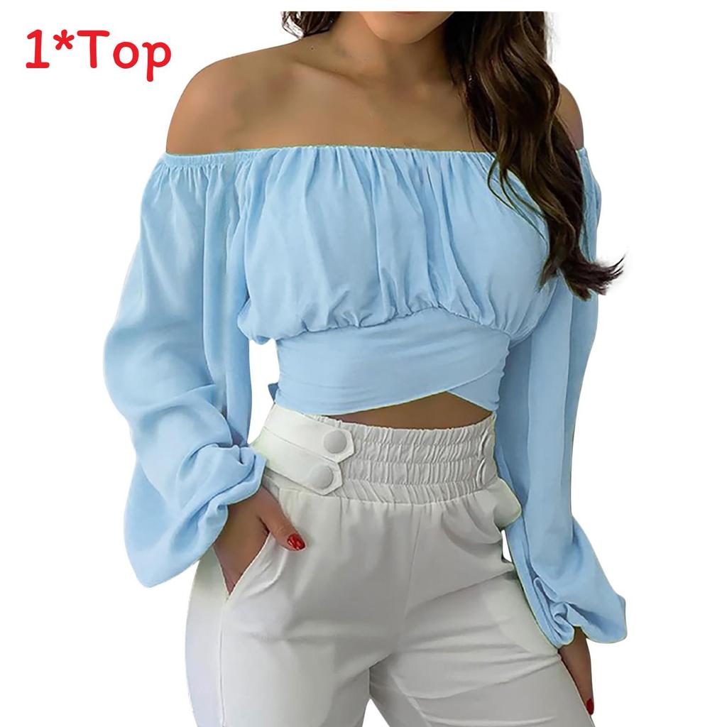 Spring Summer Womens Off Shoulder Cross Tie Long Sleeve Blouse For Casual Office Wear