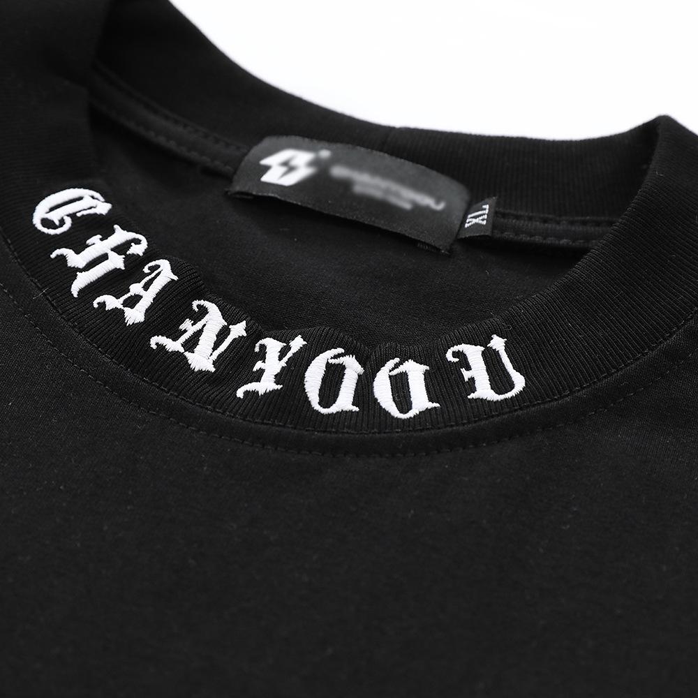Letter Embroidered Neckline Short Sleeve T-shirt Casual Top Men's Summer Loose Round Neck Half Sleeve T-shirt Instagram High Street Trendy