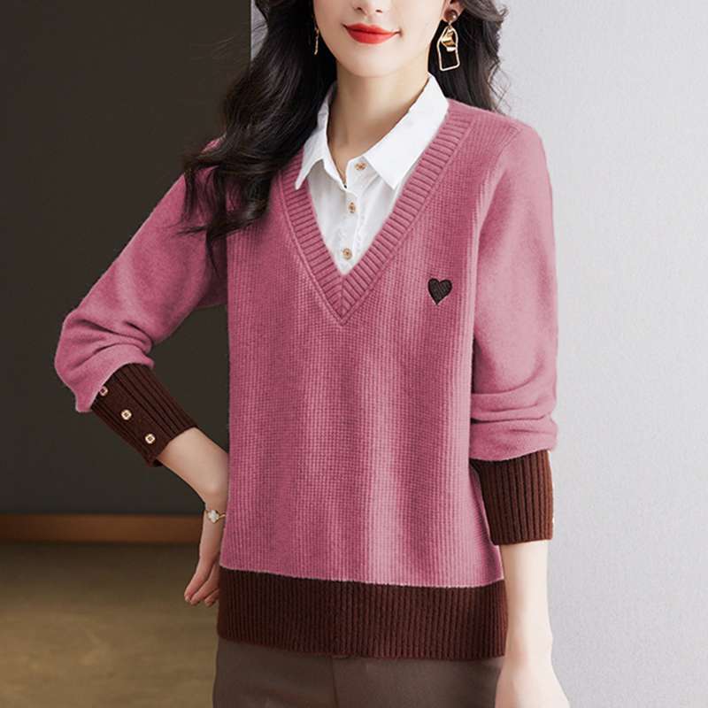 

Женский вязаный свитер с воротником-рубашкой из двух частей, свободный, в западном стиле, для весны и осени, топ-основа XS розы красного