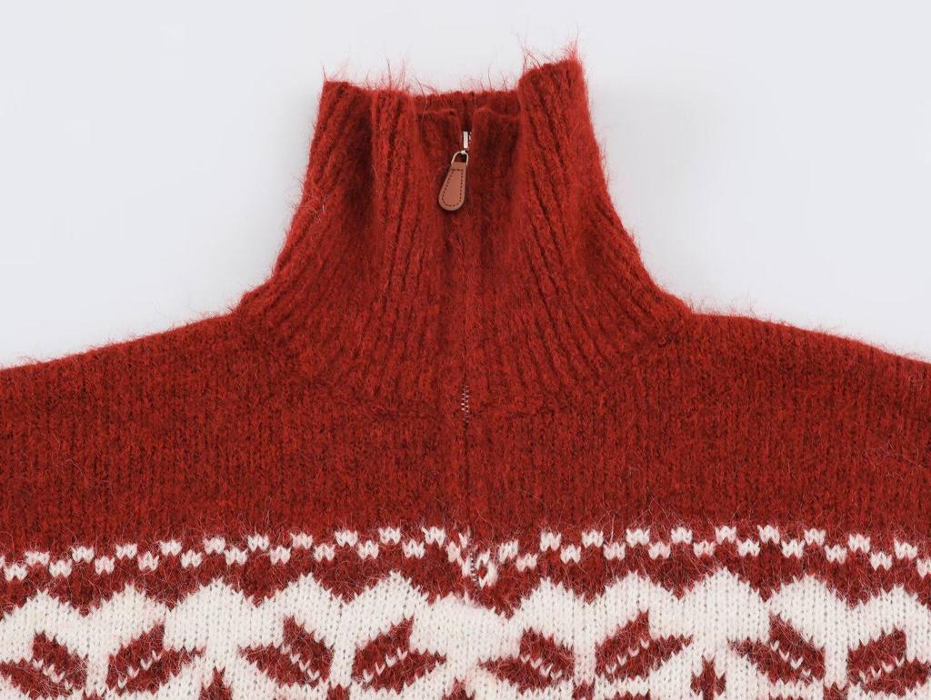 2026 Autumn European & American Christmas Fair Isle Half-Zip High-Neck Knit Sweater