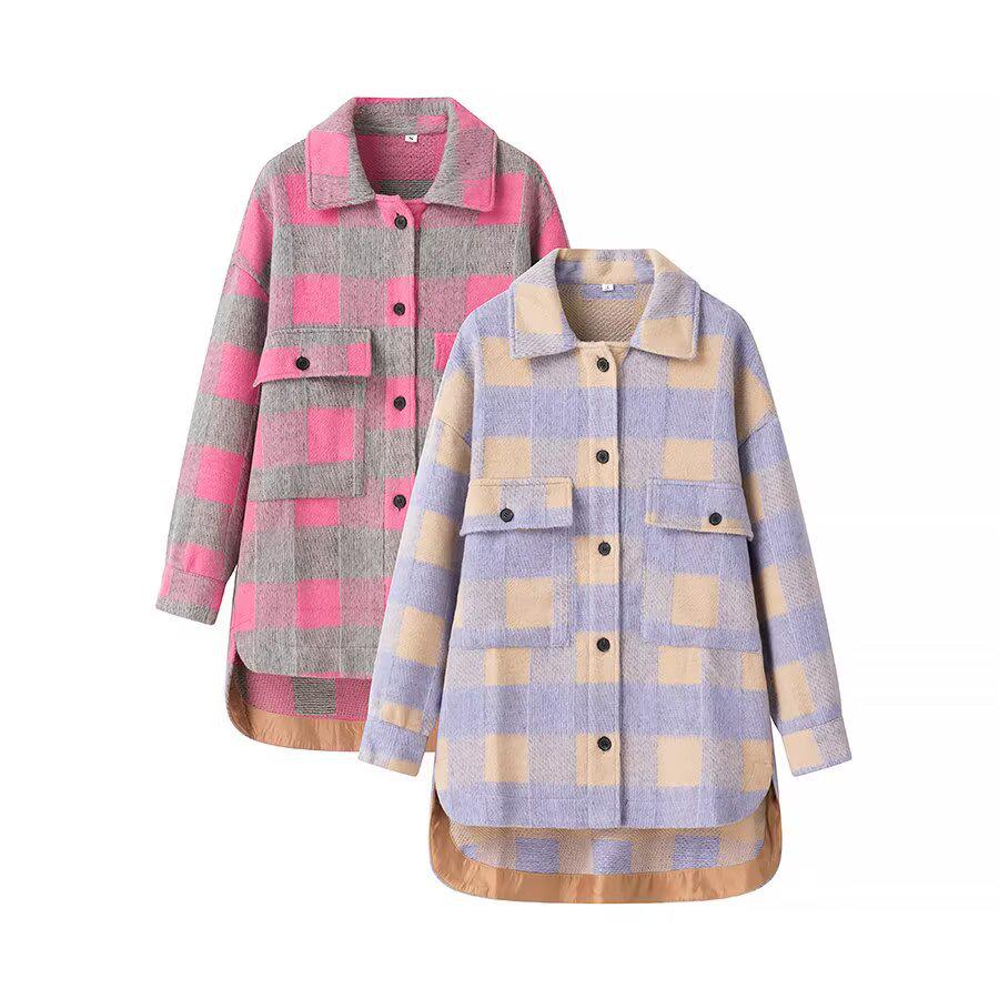 French Style Plaid Loose Wool Long Coat - Women's Elegant Temperament