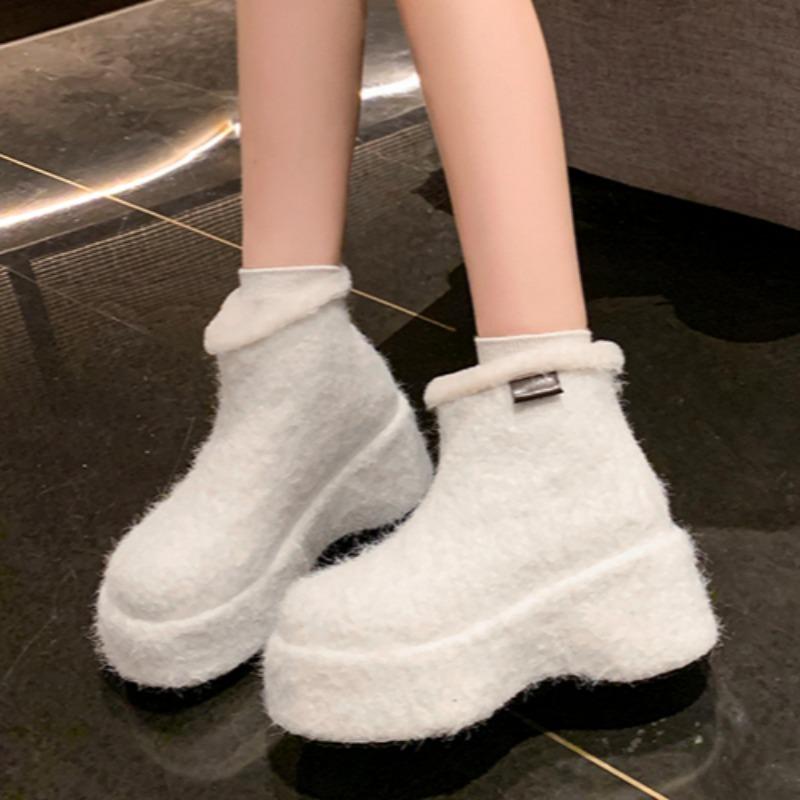 Flats Fur Platform Suede Ankle Boots Women Brand Snow Plush Warm Cotton Shoes Fad High Heels 2025 Trend Cozy Winter Botas Mujer