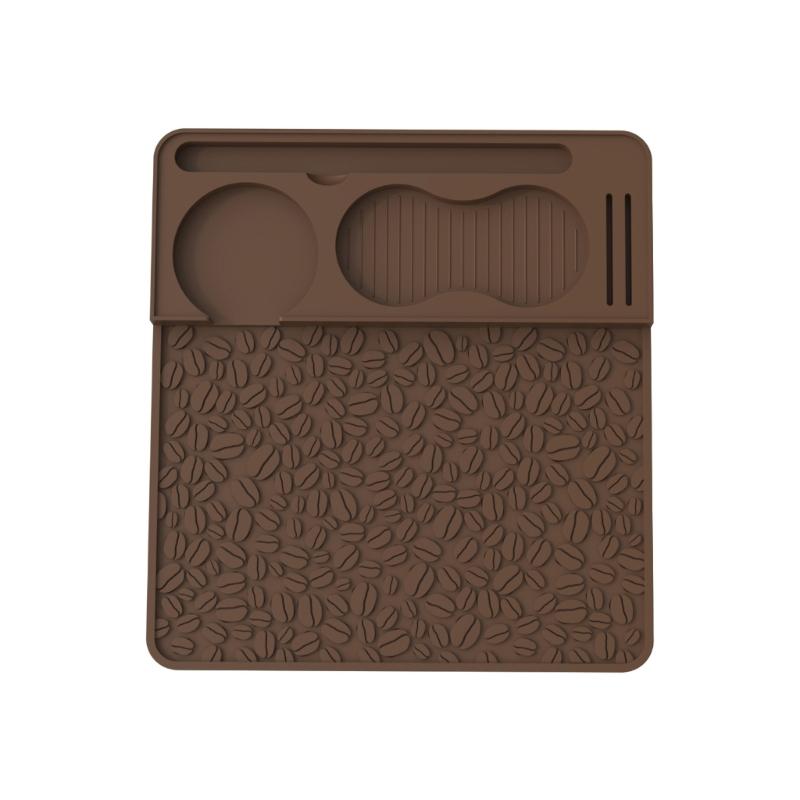 Silicone Coffee Tamping Pad with Textured Work Area, Recessed Tool Holders, Coffee Bean Pattern, and Loose Grounds Control for Brewing