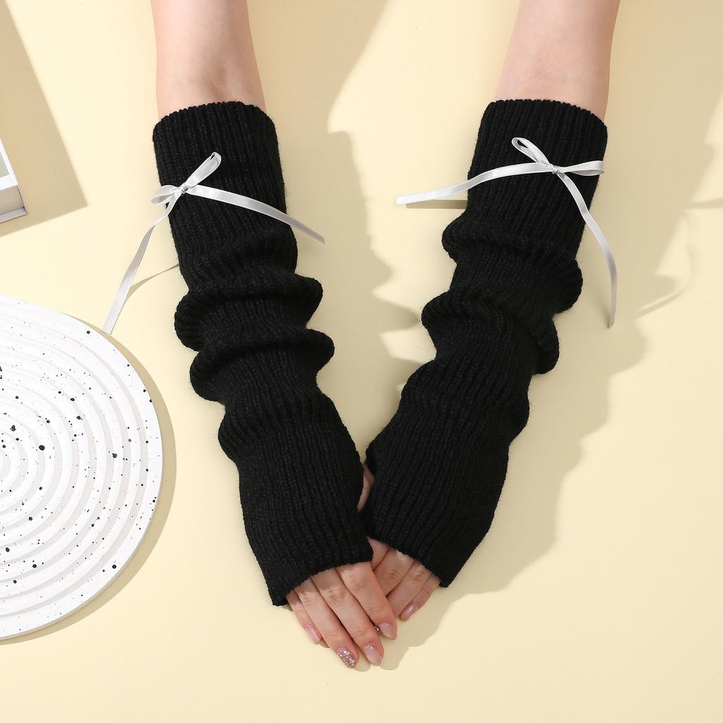 Fine Lined Bow Knot Fingerless Pile Gloves for Women In Autumn and Winter College Style Sleeves Knitted Warm Fake Sleeves