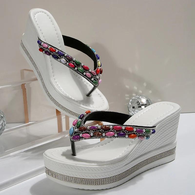 Fashion Colorful Beaded Wedge Heel Flip Flops for Women Fashion Clip Toe Chunky Platform Sandals Woman Summer Thick Sole Beach Slippers