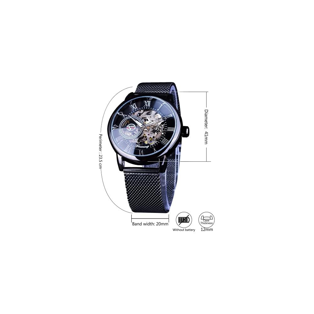Forsining Men's Minimalist Retro Design Skeleton Watch Black with Transparent Business Mesh Band