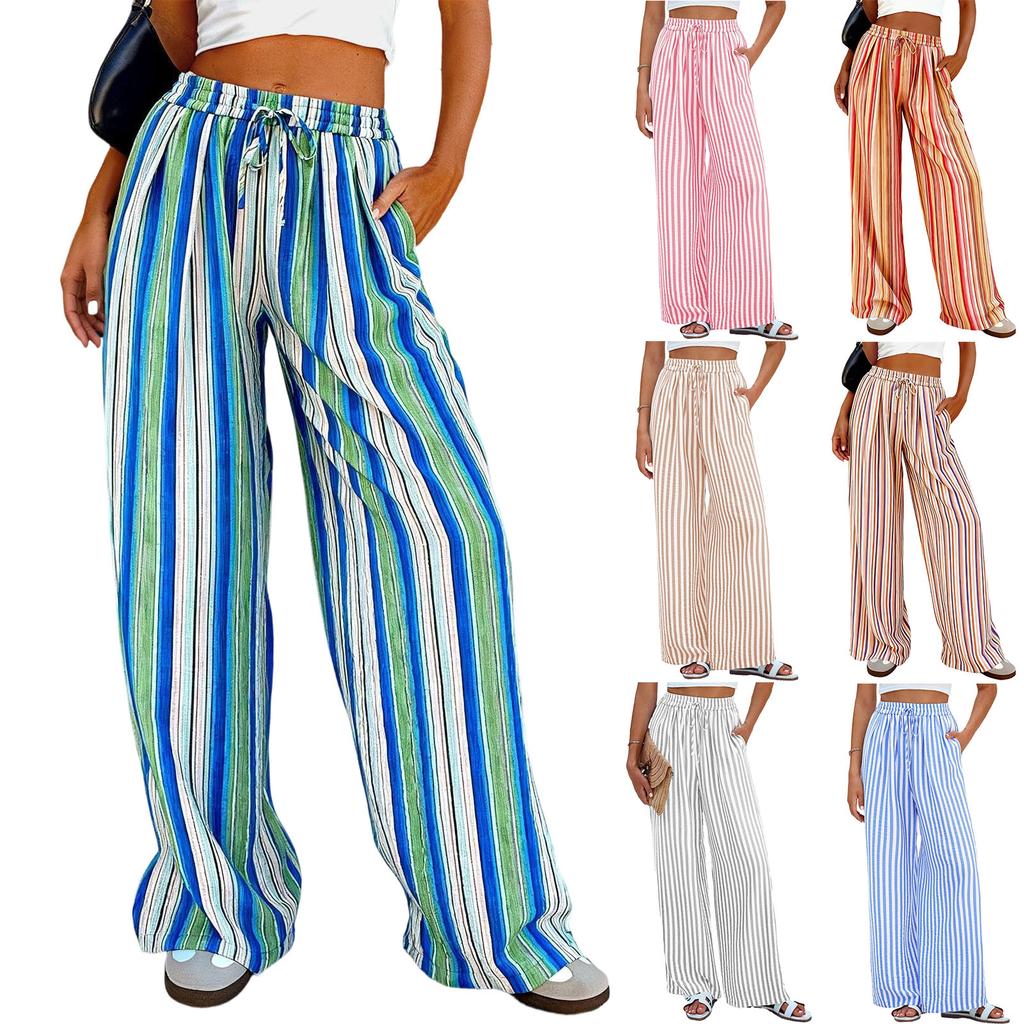 Women's Casual Summer Pants Elastic Waist Wide Leg Trousers Vertical Striped Print Lightweight Breathable Fabric Comfortable Fit