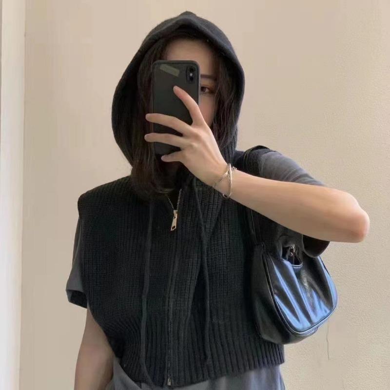 

Жилет без рукавов с капюшоном для ранней осени, женский свитер, новый свободный короткий трикотажный топ с завязками на молнии One Size чёрный